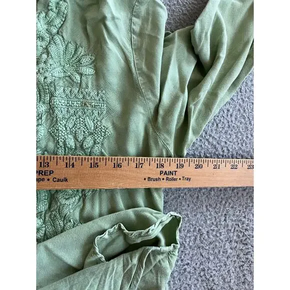 Solitare Button Top Medium Floral Embroidery V-Neck Roll Tab Green Boho Fairy - Picture 11 of 16